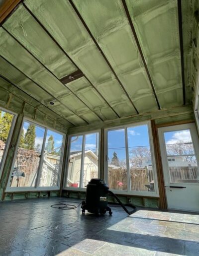 Spray Foam Insolation installed in a sunroom. Well coted insolation for walls, ceilings and more.