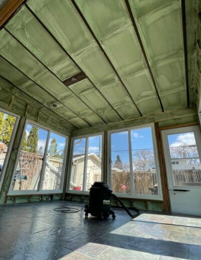 Spray Foam Insolation installed in a sunroom. Well coted insolation for walls, ceilings and more.