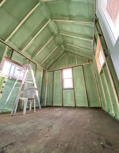 Spray Foam Insolation installed in a small shed. Well coted insolation for walls ceilings and more.