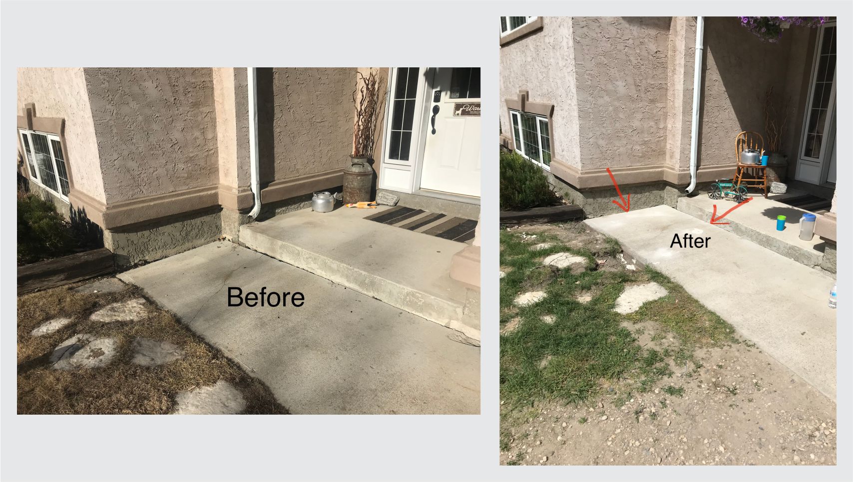 Slab Jacking Before and After image. Lifting concreate with foam to where it needs to be